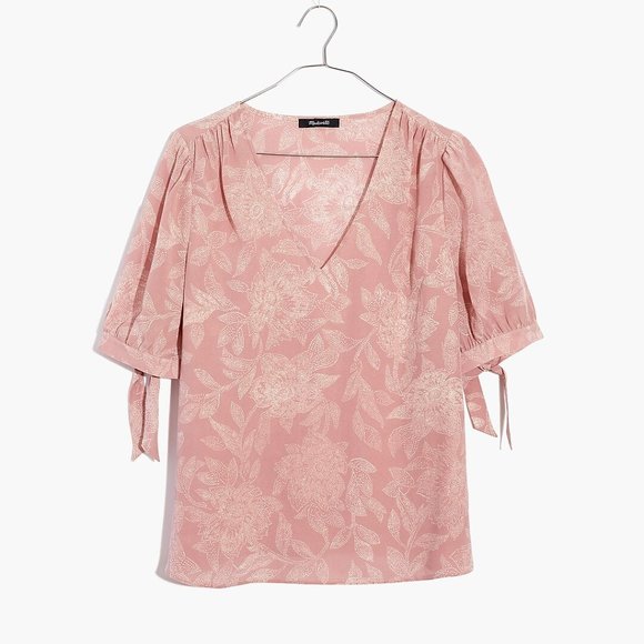* Madewell 100% Silk V-Neck Tie-Sleeve Top in Pindot Blooms NWT $110 Dainty - Picture 14 of 14